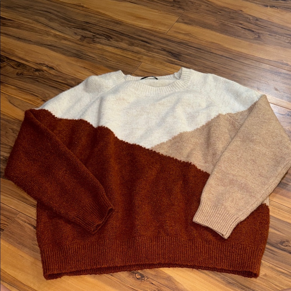 SHEIN Cozy Colorblock Crew Neck Sweater - White, Tan, Brown